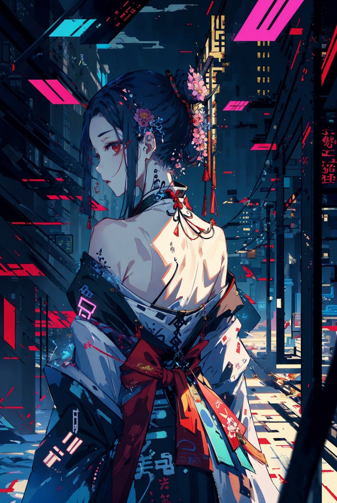 xhuoguo，<lyco:XhuoguoV2:1.0> cyberpunk，1girl ,cloud hair, lace-trimmed dress,drop shadow, glitch,no eyewear，  outdoors,on back,abstract,