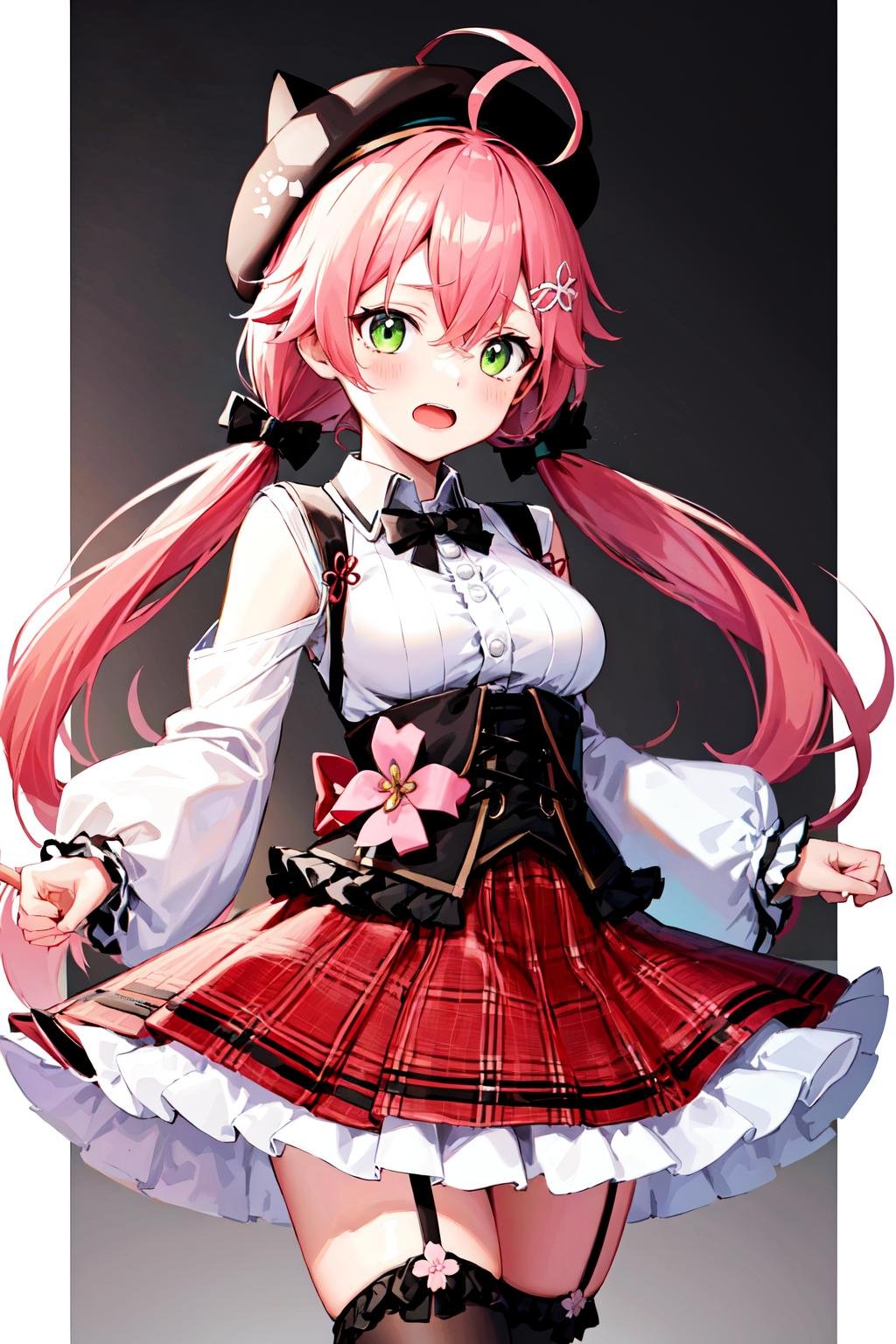 masterpiece, best quality, highres, miko2, sakura miko, 1girl, solo, green eyes, long hair, ahoge, black headwear, hair ornament, white shirt, black thighhighs, pink hair, red skirt, plaid skirt, garter straps, collared shirt, hairclip, frills, bangs, hair between eyes, animal hat, frilled skirt, beret, pleated skirt, hair flower, low twintails, neck bell, cat hat, medium breasts, puffy long sleeves, black bow, underbust, <lora:sakura miko_v1:0.6>, surprised, open mouth, cowboy shot,