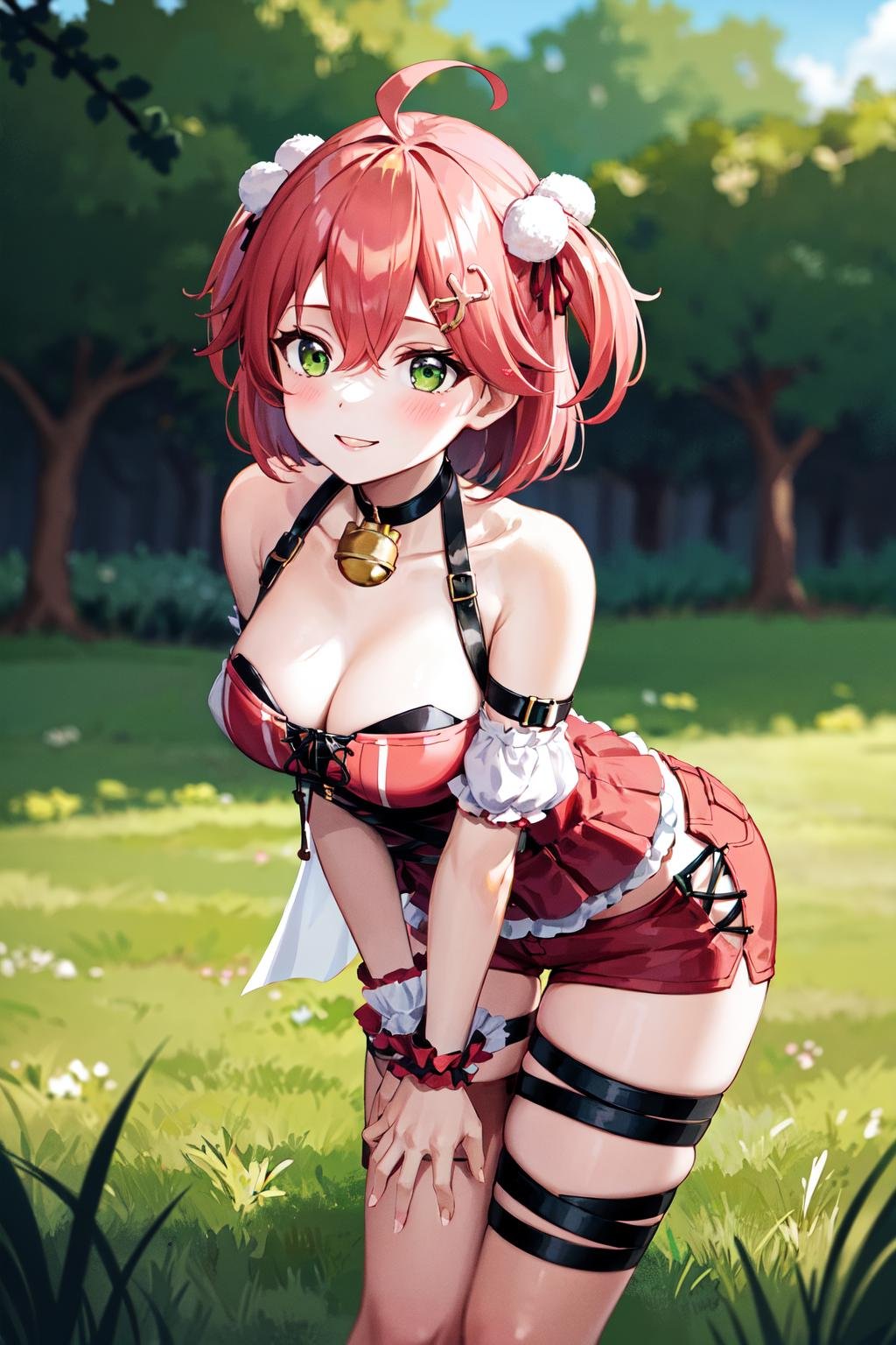 masterpiece, best quality, highres, miko3, 1girl, sakura miko, solo, green eyes, ahoge, cleavage, pink hair, neck bell, cat hair ornament, short shorts, bangs, hair between eyes, two side up, red shorts, red shirt, medium hair, black choker, pom pom hair ornament, short sleeves, cross-laced clothes, bare shoulders, thigh strap, wrist cuffs, hairclip, <lora:sakura miko_v1:0.6>, field, grass, standing, cowboy shot, leaning forward, smile,