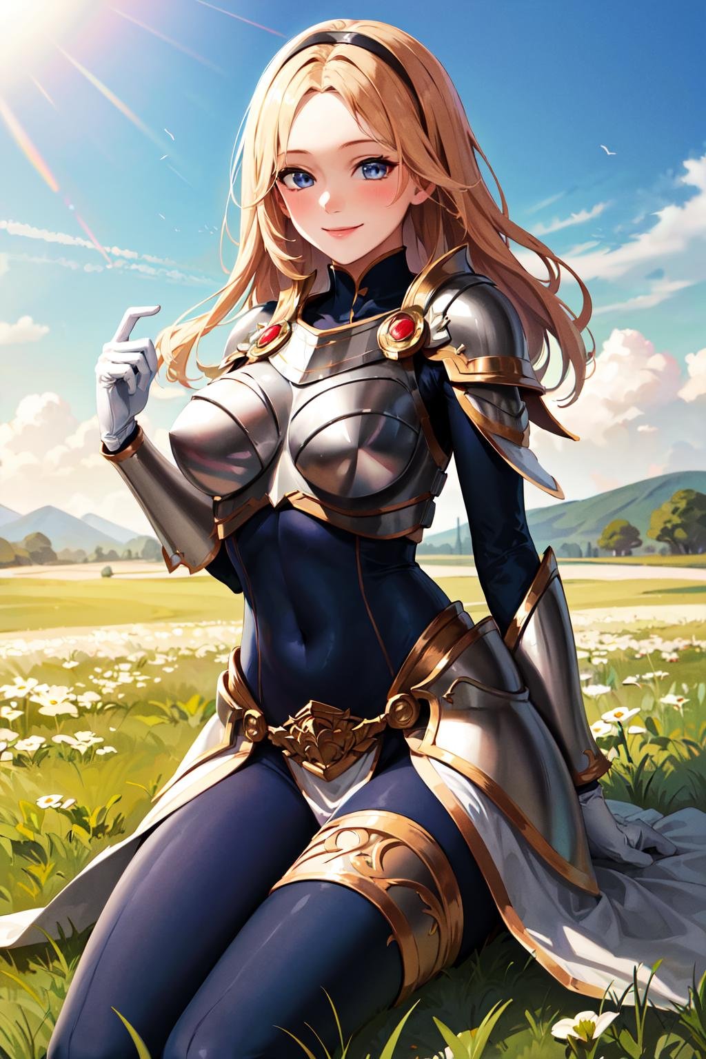 masterpiece, best quality, highres, lux1, 1girl, solo, armor, breastplate, bodysuit, gloves, white gloves, boobplate, <lora:lux_v1:0.5>, field, grass, smile,