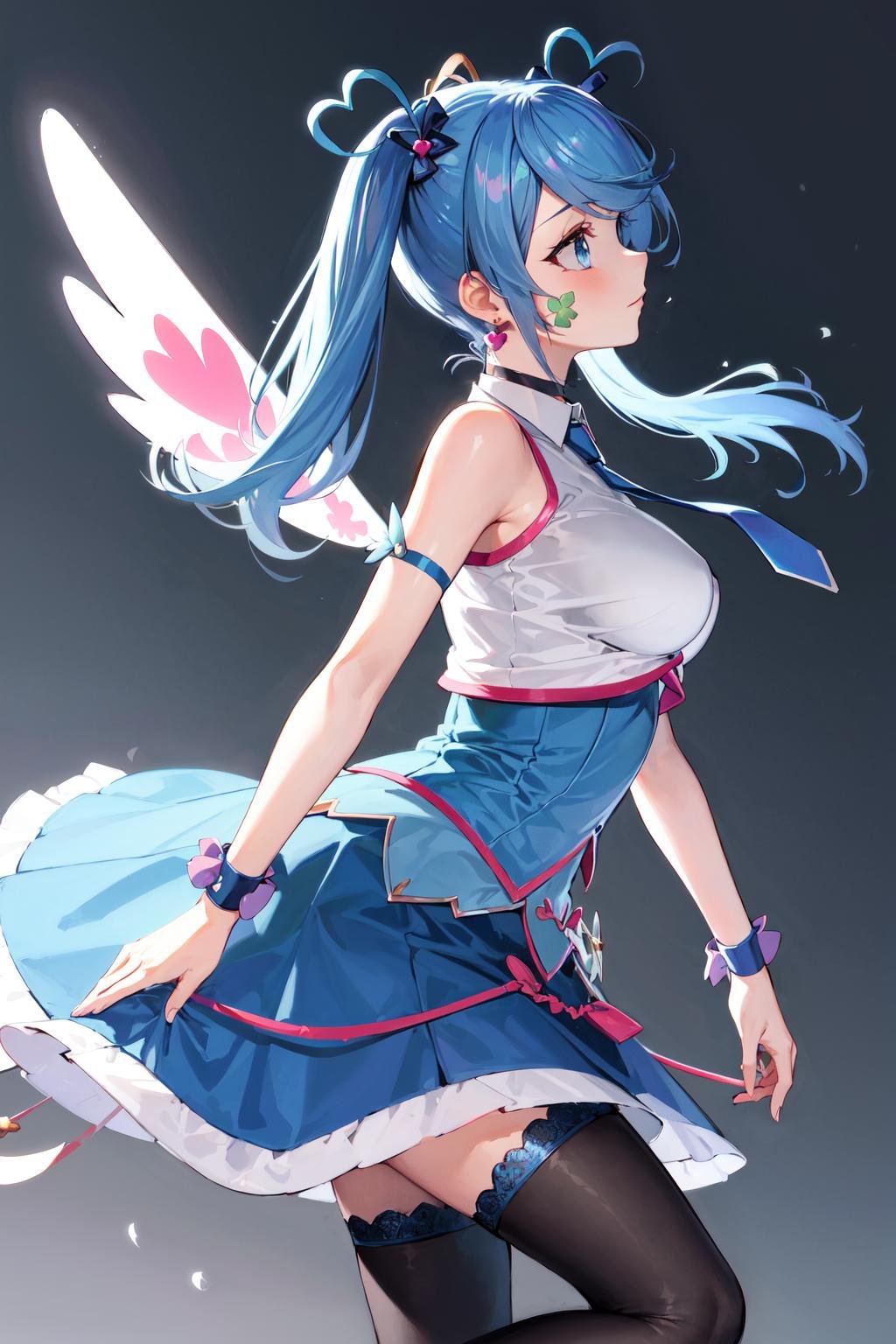 masterpiece, best quality, highres, heart hair ornament, ba1, 1girl, solo, jewelry, necktie, skirt, sleeveless, blue necktie, choker, breasts, black thighhighs, shirt, dress, blue skirt, skirt_ornament, wings, four-leaf clover_facial_tattoo, wrist cuffs, <lora:blue_angel_v1:0.7>, from side, 