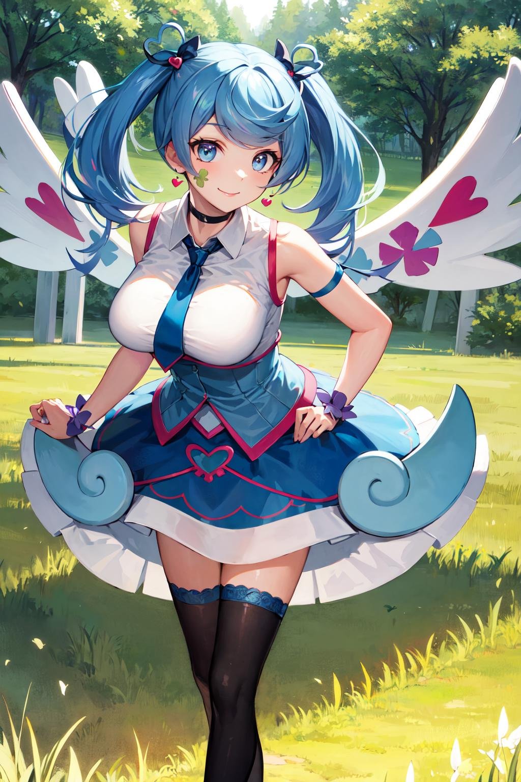 masterpiece, best quality, highres, heart hair ornament, ba1, 1girl, solo, jewelry, necktie, skirt, sleeveless, blue necktie, choker, breasts, black thighhighs, shirt, dress, blue skirt, skirt_ornament, wings, four-leaf clover_facial_tattoo, <lora:blue_angel_v1:0.7>, standing, cowboy shot, smile, grass, field, leaning forward, hand on hip, 