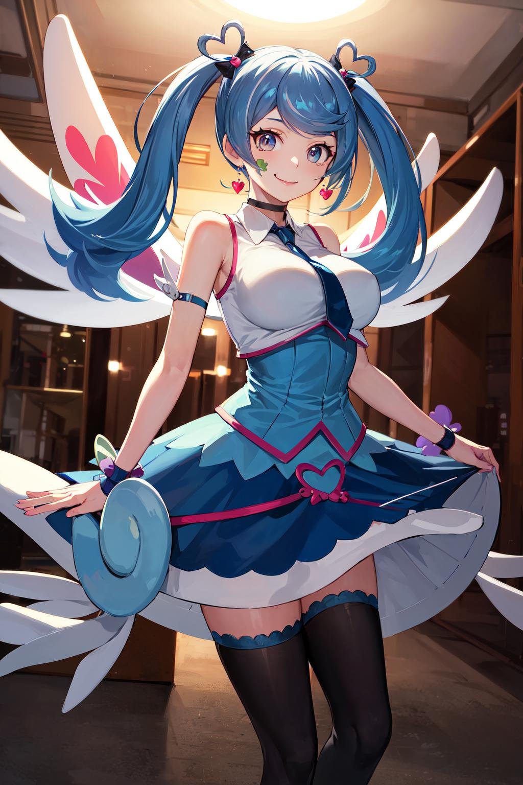 masterpiece, best quality, highres, heart hair ornament, ba1, 1girl, solo, jewelry, necktie, skirt, sleeveless, blue necktie, choker, breasts, black thighhighs, shirt, dress, blue skirt, skirt_ornament, wings, four-leaf clover_facial_tattoo, <lora:blue_angel_v1:0.7>, standing, cowboy shot, smile, 