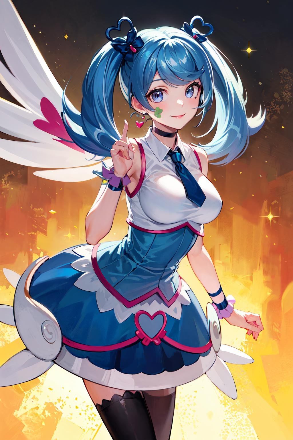 masterpiece, best quality, highres, heart hair ornament, ba1, 1girl, solo, jewelry, necktie, skirt, sleeveless, blue necktie, choker, breasts, black thighhighs, shirt, dress, blue skirt, skirt_ornament, wings, four-leaf clover_facial_tattoo, <lora:blue_angel_v1:0.7>, standing, cowboy shot, smile, 