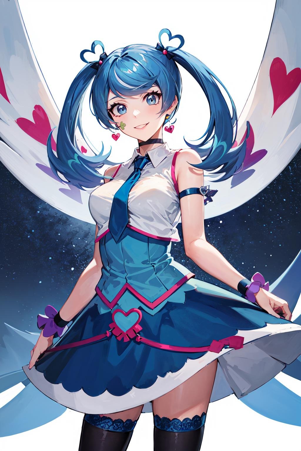 masterpiece, best quality, highres, heart hair ornament, ba1, 1girl, solo, jewelry, necktie, skirt, sleeveless, blue necktie, choker, breasts, black thighhighs, shirt, dress, blue skirt, skirt_ornament, wings, four-leaf clover_facial_tattoo, <lora:blue_angel_v1:0.7>, standing, cowboy shot, smile, 