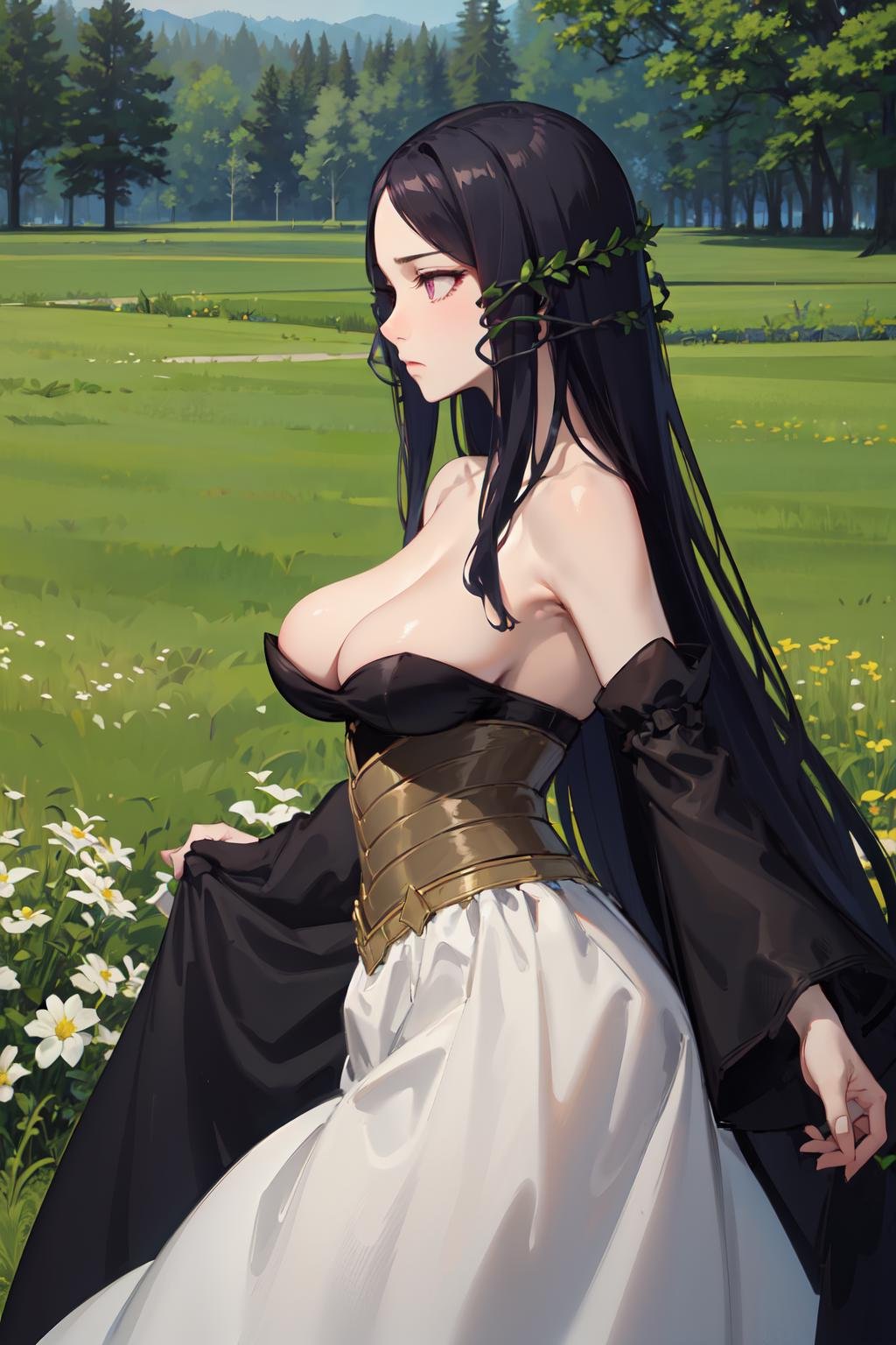 masterpiece, best quality, highres, titania1, 1girl, purple eyes, solo, cleavage, very long hair, large breasts, black hair, bare shoulders, detached sleeves, strapless dress, black dress, long dress, corset, <lora:titania_(mahou_tsukai_no_yome)_v10:0.8>, cowboy shot, frown, from side, field,