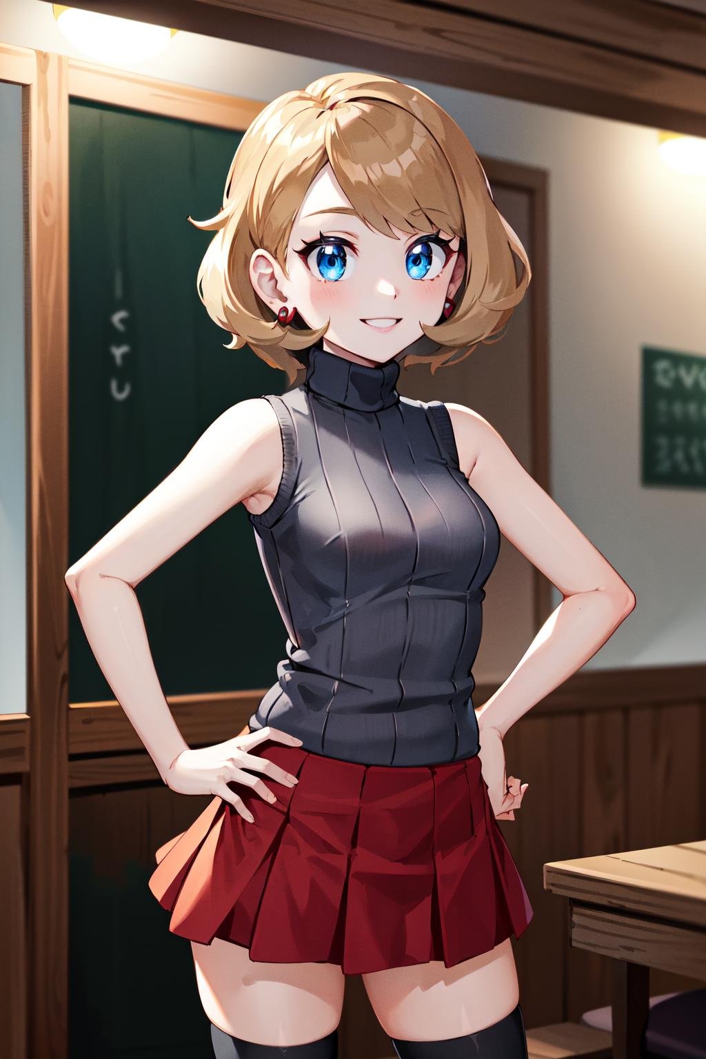 masterpiece, best quality, highres, serena \(pokemon\), short hair, blue eyes, 1girl, solo, sleeveless turtleneck, jewelry, earrings, sweater vest, red skirt, black thighhighs, eyelashes, grey sweater, pleated skirt, bangs, turtleneck sweater, <lora:serena_v1:0.6>, smile, hand on hip, arms behind head, indoors,