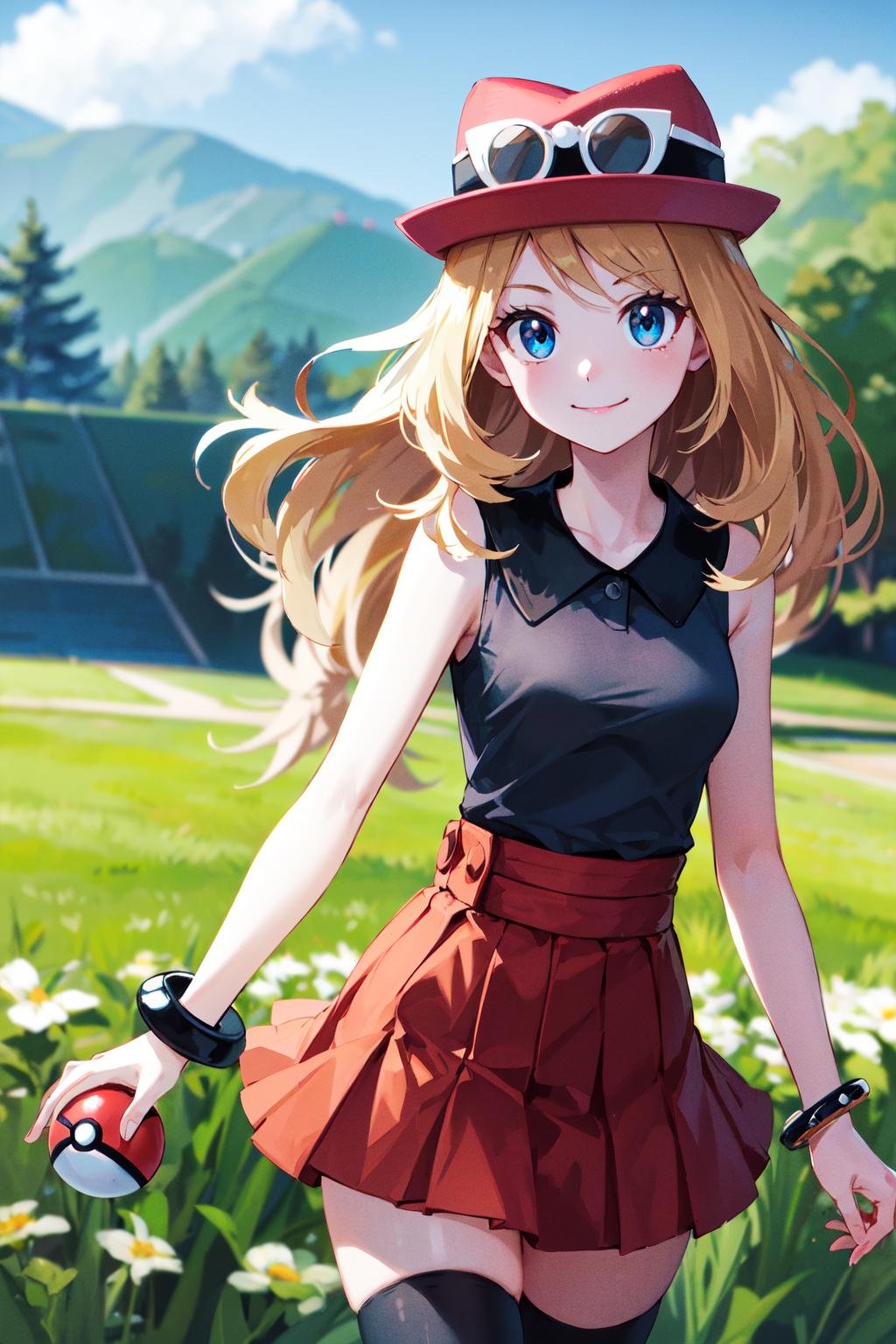 masterpiece, best quality, highres, blue eyes, serena \(pokemon\), 1girl, solo, thighhighs, long hair, hat, jewelry, bracelet, black thighhighs, collared shirt, pleated skirt, red skirt, sleeveless, high-waist skirt, sleeveless shirt, eyelashes, pink headwear, black shirt, eyewear on headwear, <lora:serena_v1:0.6>, cowboy shot, field, poke ball \(basic\), smile, closed mouth, holding poke ball, 