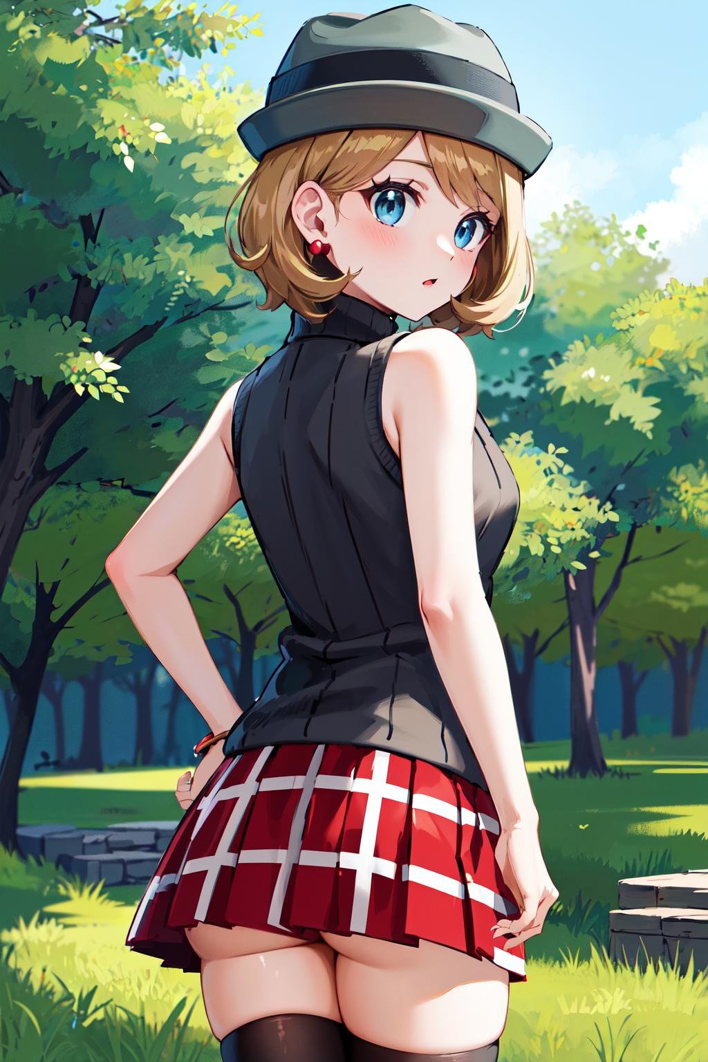 masterpiece, best quality, highres, serena \(pokemon\), short hair, blue eyes, 1girl, grey headwear, solo, sleeveless turtleneck, jewelry, earrings, sweater vest, red skirt, black thighhighs, eyelashes, grey sweater, pleated skirt, bangs, turtleneck sweater, <lora:serena_v1:0.6>, outdoors, from behind, 