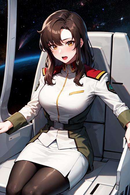 masterpiece, best quality, highres, ramius1, 1girl, solo, (black_pantyhose:1.1), military uniform, military, makeup, white shirt,  white skirt, tight skirt, <lora:murrue_ramius_v1:0.7>, sitting, upper body, cockpit, space, open mouth, 