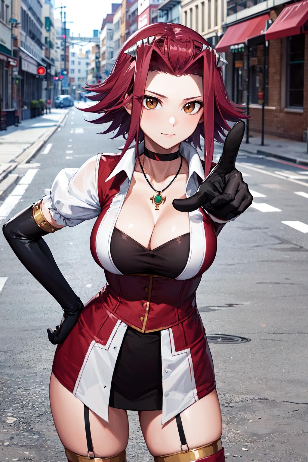 masterpiece, best quality, highres, aki1, izayoi aki, solo, gloves, elbow gloves, breasts, jewelry, cleavage, choker, necklace, black thighhighs, black gloves, large breasts,<lora:izayoi_aki_v1:0.7>, standing, cowboy shot, outdoors, hand on hip, street, pointing,  