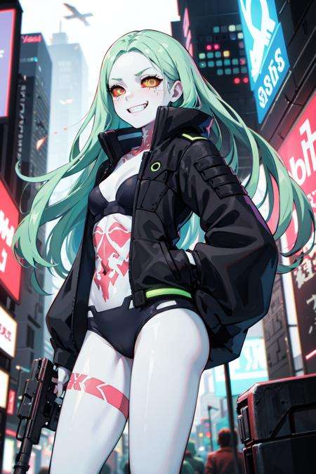 masterpiece, best quality, highres, 1girl, rebecca \(cyberpunk\), solo, long hair, mechanical eye, colored sclera, red sclera, colored skin, white skin, leg tattoo, neck tattoo, green hair, long hair, small breasts, underwear, fang, red pupils, skin fang, red eyes, black jacket, <lora:rebecca_v1:0.7>, standing, cowboy shot, straight-on, evil grin, outdoors, 