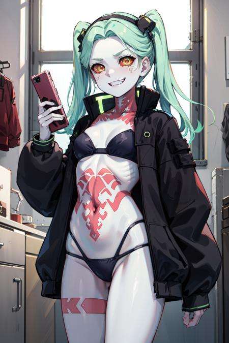 masterpiece, best quality, highres, 1girl, rebecca \(cyberpunk\), solo, black hairband, twintails, mechanical eye, colored sclera, red sclera, colored skin, white skin, leg tattoo, neck tattoo, green hair, small breasts, black bra, thong, fang, red pupils, skin fang, red eyes, black jacket, <lora:rebecca_v1:0.7>, standing, indoors, cowboy shot, evil grin, 