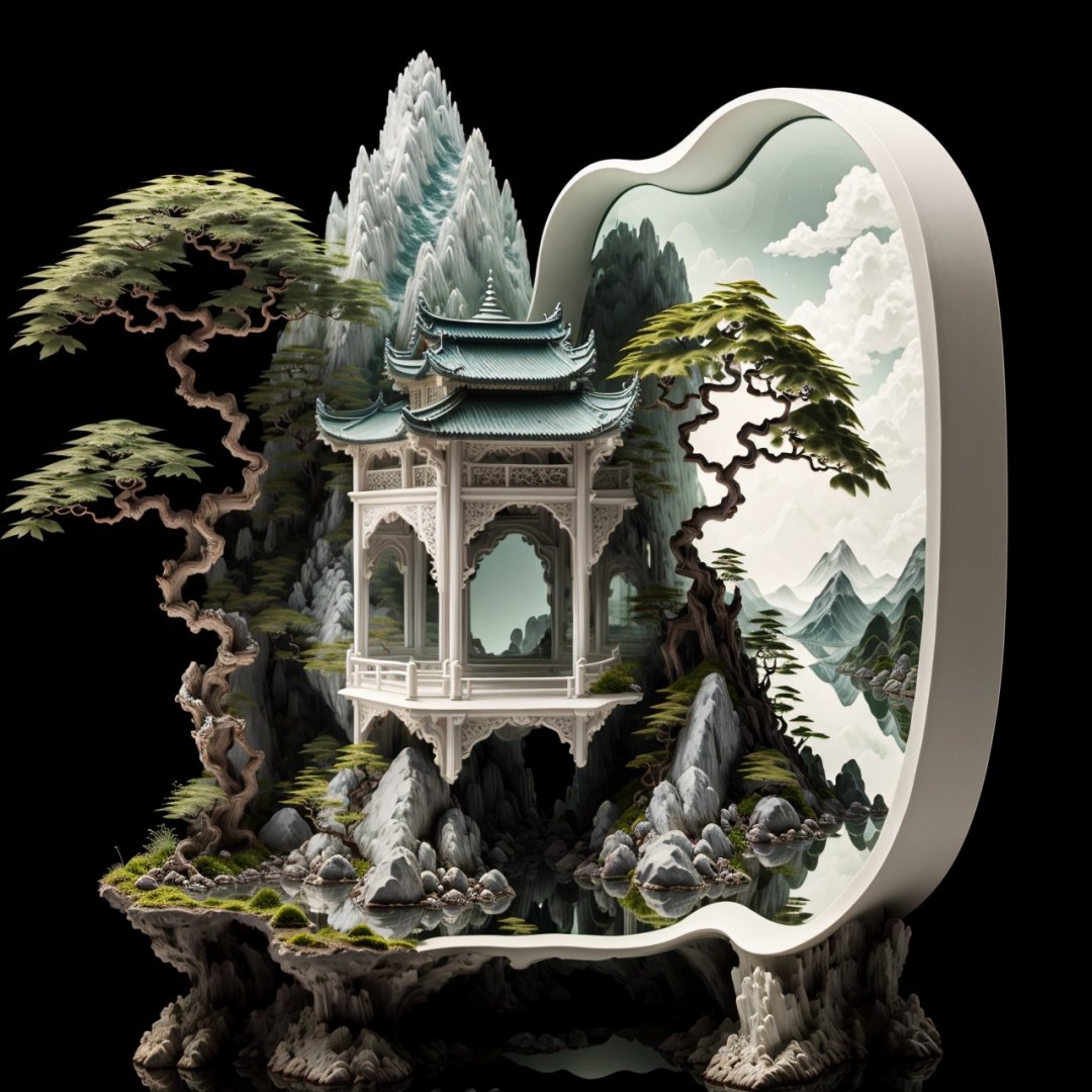 masterpiece,best quality, no humans,miniature,bonsai,(mountains:1.3),(landscape:0.6) painting,Ancient pavilion,banyan tree,(waters:0.7),white background,smoke,<lora:ShanShuiHua-000010:1> <lora:Smoke:0.6>