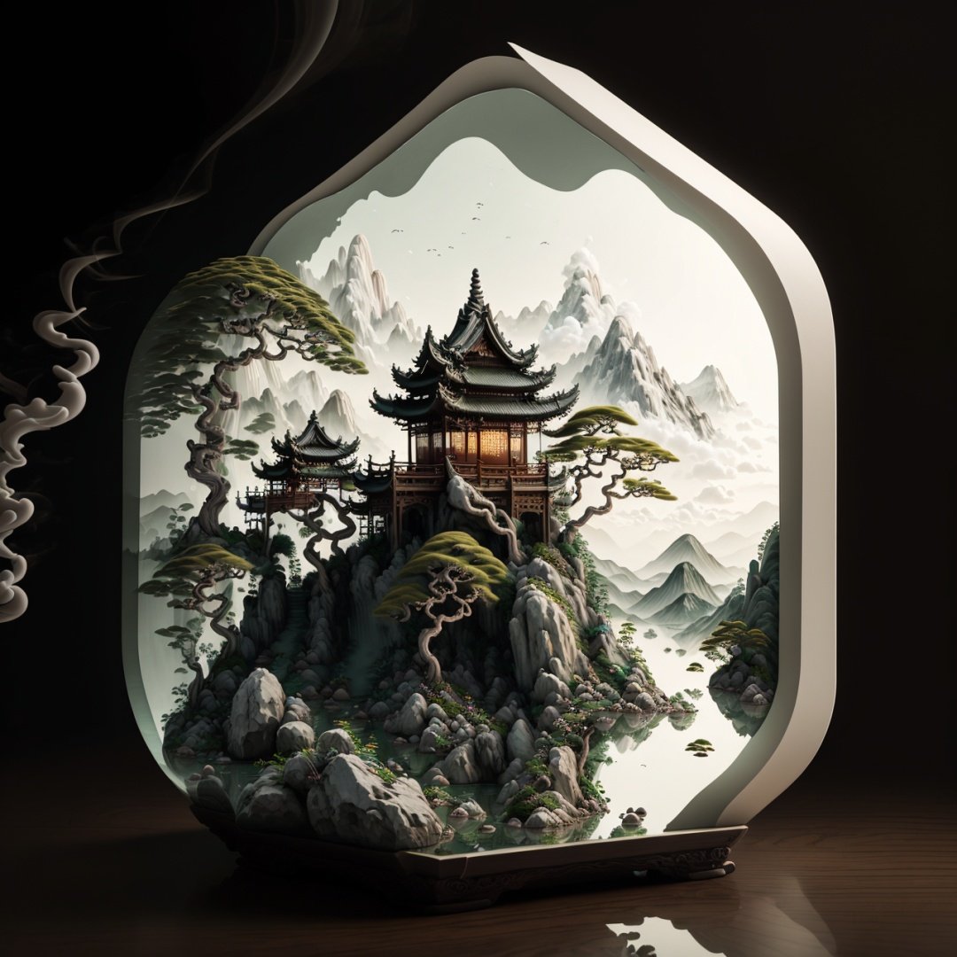 masterpiece,best quality,realistic,miniature,bonsai,landscape painting,(mountains:1.3),(waters:0.7),Chinese pavilion,banyan tree,auspicious clouds,(smoke-filled:1.2),white background,light rays,depth of field,<lora:ShanShuiHua-000016:1>,