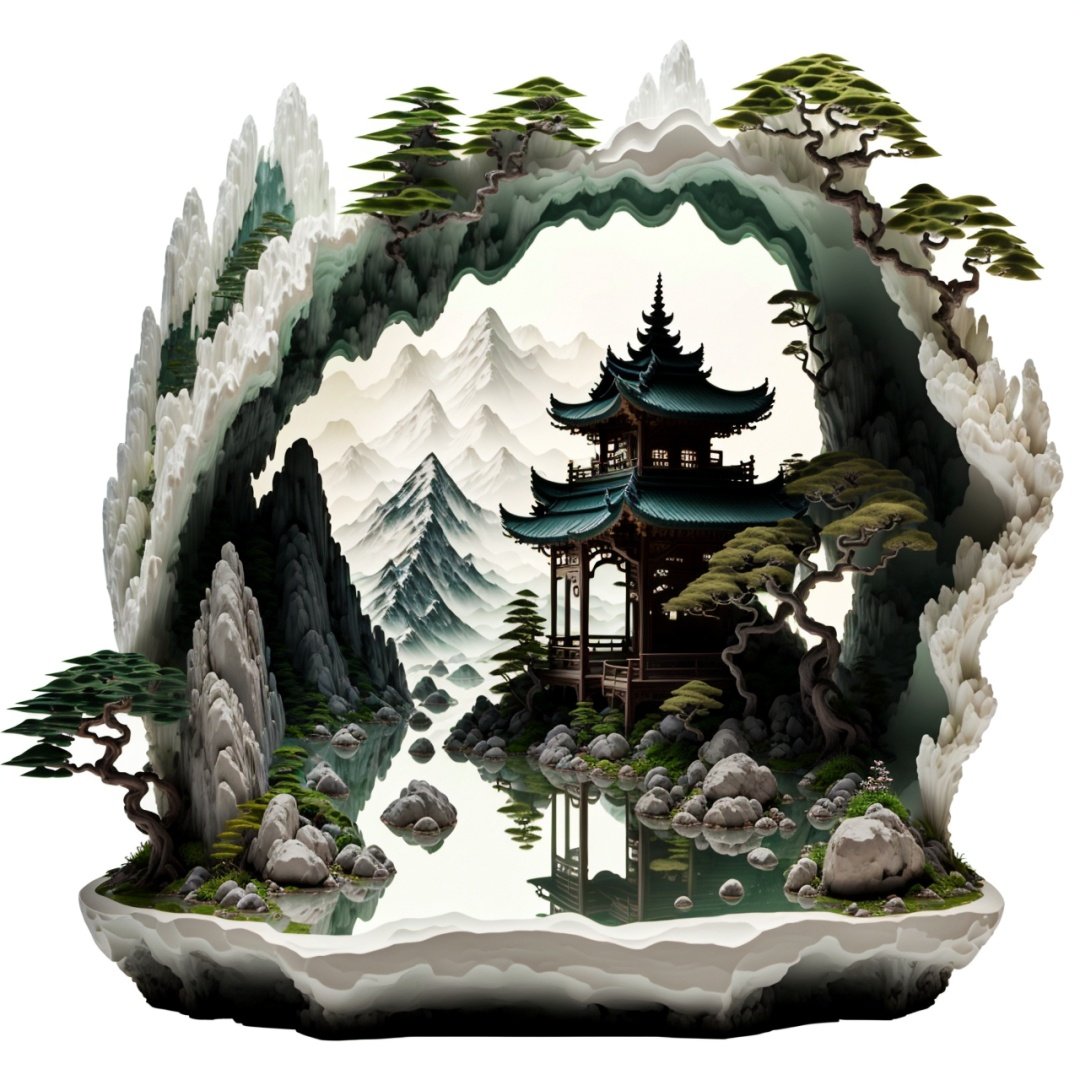 masterpiece,best quality, no humans,miniature,bonsai,(mountains:1.3),(landscape:0.6) painting,Ancient pavilion,banyan tree,(waters:0.7),white background,smoke-filled,<lora:ShanShuiHua-000010:1>