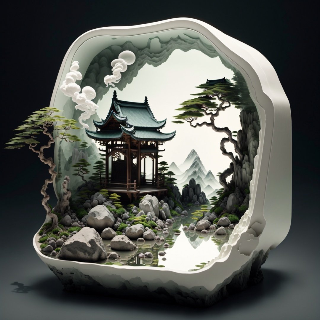 masterpiece,best quality,no humans,miniature,bonsai,(mountains:1.3),(waters:0.7),Ancient pavilion,banyan tree,white background,(smoke-filled:1.2),<lora:ShanShuiHua-000010:1>,