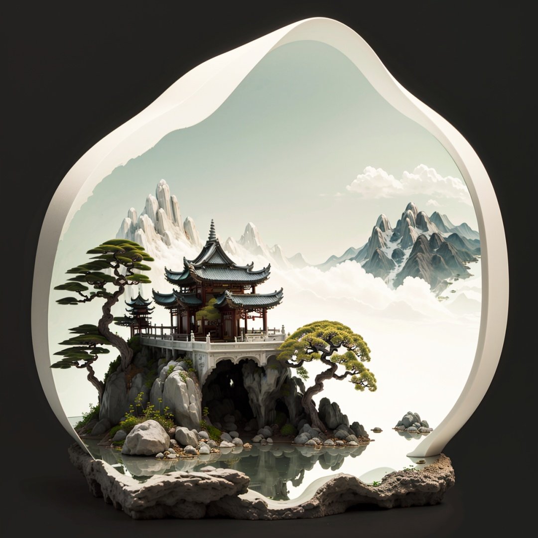 masterpiece,best quality,realistic,miniature,bonsai,landscape painting,(mountains:1.3),(waters:0.7),Chinese pavilion, banyan tree,auspicious clouds,(smoke-filled:1.2),white background,light rays,depth of field,<lora:ShanShuiHua-000016:1>