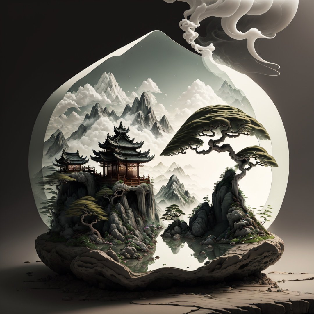 masterpiece,best quality,realistic,miniature,bonsai,landscape painting,(mountains:1.3),(waters:0.7),Chinese pavilion,banyan tree,auspicious clouds,(smoke-filled:1.2),white background,light rays,depth of field,<lora:ShanShuiHua-000016:1>,