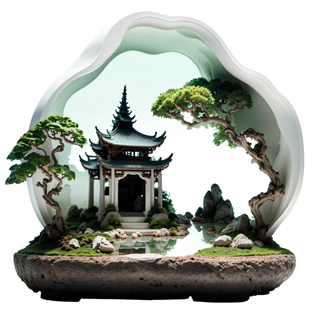 masterpiece,best quality, no humans,miniature,bonsai,(mountains:1.3),(waters:0.7),Ancient pavilion,banyan tree,white background,(smoke-filled:1.2), <lora:ShanShuiHua-000010:1>