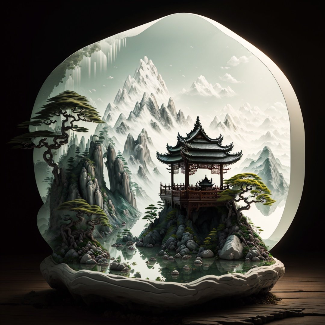 masterpiece,best quality,realistic,miniature,bonsai,(mountains:1.3),(waters:0.7),Chinese pavilion,banyan tree,auspicious clouds,white background,light rays,depth of field,<lora:ShanShuiHua-000016:1>,