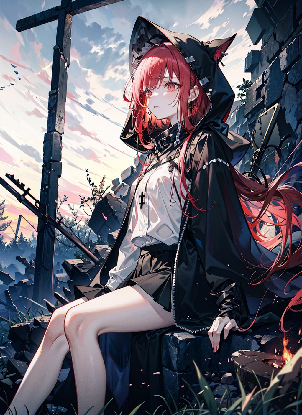 (red_greyscale),masterpiece,1girl,solo,sitting,bonfire,campfire,full_moon,field,ruins,red_hair,long_hair,black_cloak,cape_hood,red_eyes,emotionless,outdoors,cross_earring,