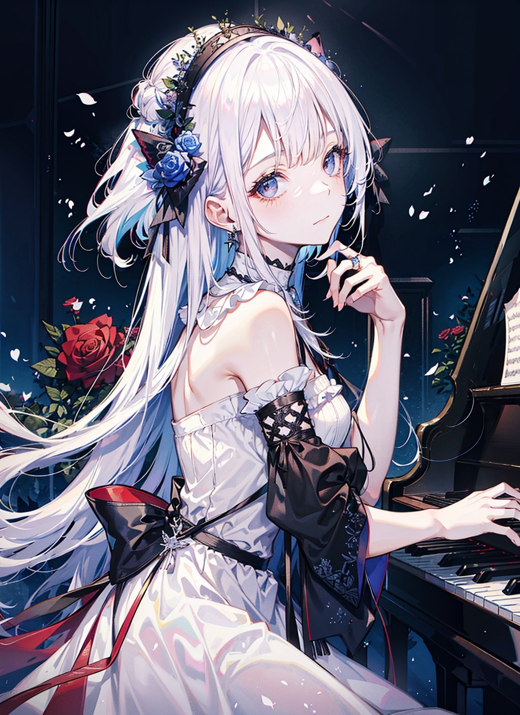 <(extremely intricate)>, 1girl, solo, long hair, piano, instrument, black eyes, dress, white dress, white hair, looking at viewer, light particles, closed mouth, indoors, jewelry, sleeveless, bare shoulders, bangs, from side, head rest on piano, head tilt,black rose, beautiful detailed eyes, detailed background,