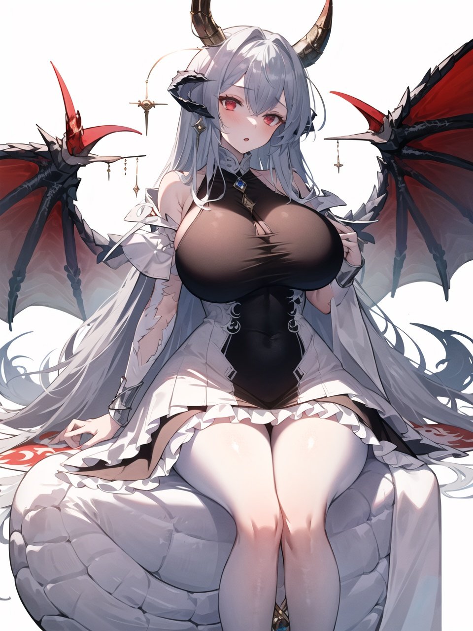 masterpiece, best quality, high_resolution, finely detailed, extremely delicate and beautiful, 1 girl, silver hair, red eyes, (huge breasts:1.3), (cleavage), (dragon horns:1.2), (beautiful frilled dress:1.3), fantasy, (dragons), high castles,newJerssey