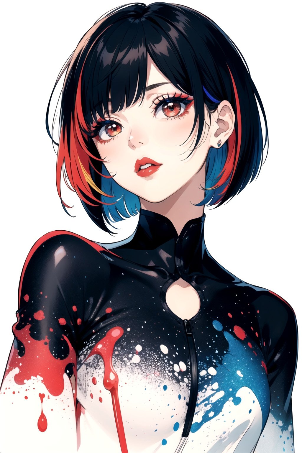 1girl,solo, upper body,looking at viewer, white background, bob cut, short hair, multicolored hair, makeup , parted lips, red lips, eyeliner, 