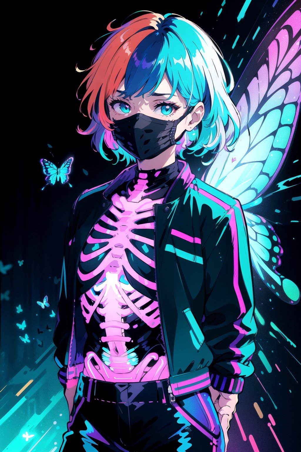 (((masterpiece, best quality, illustration, extremely detailed, 8k, 4k, 2k))), (1girl),skeleton style, ((glow hair, multicolored hair)), ((Iridescent Hair)), (rib cage), ((face mask)), ((teal neon light)), ((hands behind back)), (black jacket), (((purple retro background))), (looking at viewer), (black pants), ((butterflies)), (looking at viewer), (upper body)