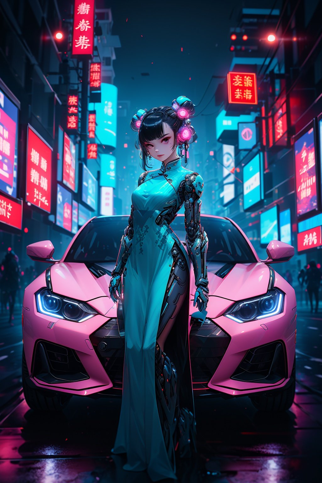 1 girl, solo, cyberhanfu, long sleeves, chinese_clothes, (in pink and blue), full body, (with a high-tech sports car), cyberpunk city, dynamic pose, double bun,hair ornament, long hair, cyberpunk, a high-tech city, full of machinery and futuristic element, futurism, technology <lora:cyberhanfu_20230617014620-000010:0.8>