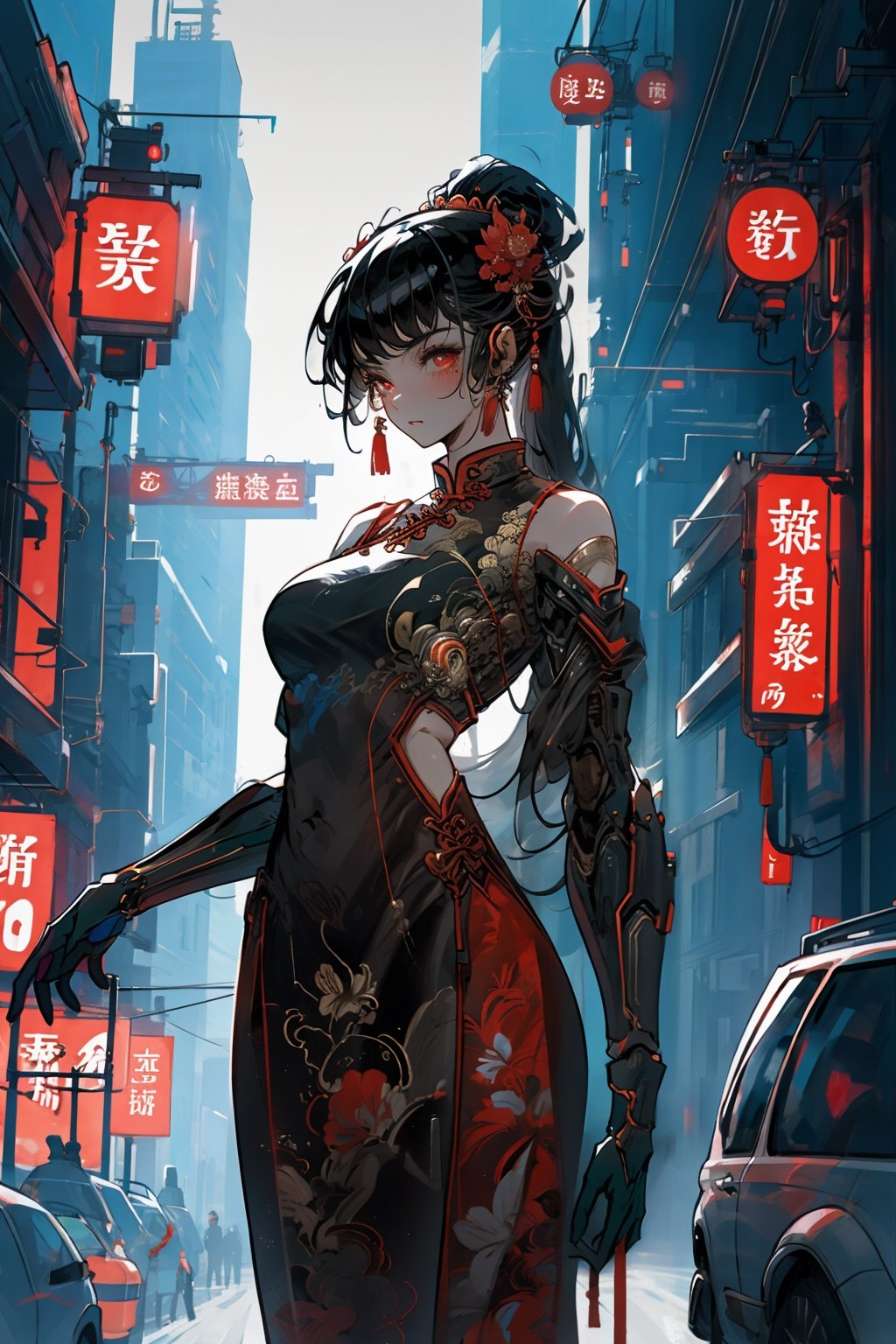 1 girl, solo, cowboy shot, cyberhanfu, cheongsam, chinese_clothes, Headdress, hair ornament, long hair, cyberpunk, a high-tech city, full of machinery and futuristic element, futurism, technology <lora:cyberhanfu_v1:0.7> <lora:methurlant:1>