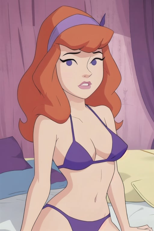 daphneblake, (8k, RAW photo, best quality, masterpiece:1.2), (intricate details), perfect eyes, perfect face, perfect lighting, beautiful, (masterpiece:1.2), (best quality:1.2), 1girl, cartoon style, solo, redhead, purple eyes, look at viewer, purple headband, purple bikini, <lora:daphneblake-10:0.85>