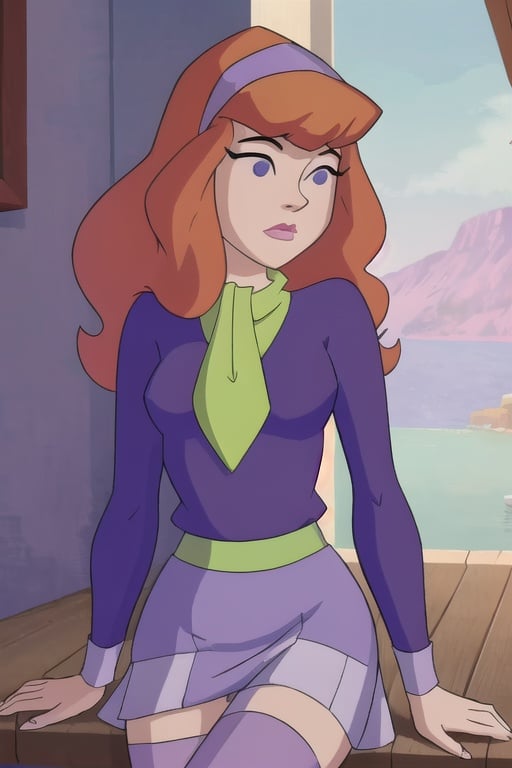 daphneblake, (8k, RAW photo, best quality, masterpiece:1.2), (intricate details), perfect eyes, perfect face, perfect lighting, beautiful, (masterpiece:1.2), (best quality:1.2), 1girl, cartoon style, solo, redhead, purple eyes, look at viewer, purple sweater, purple skirt, pink stockings, purple headband, green handkerchief, <lora:daphneblake-10:0.85>