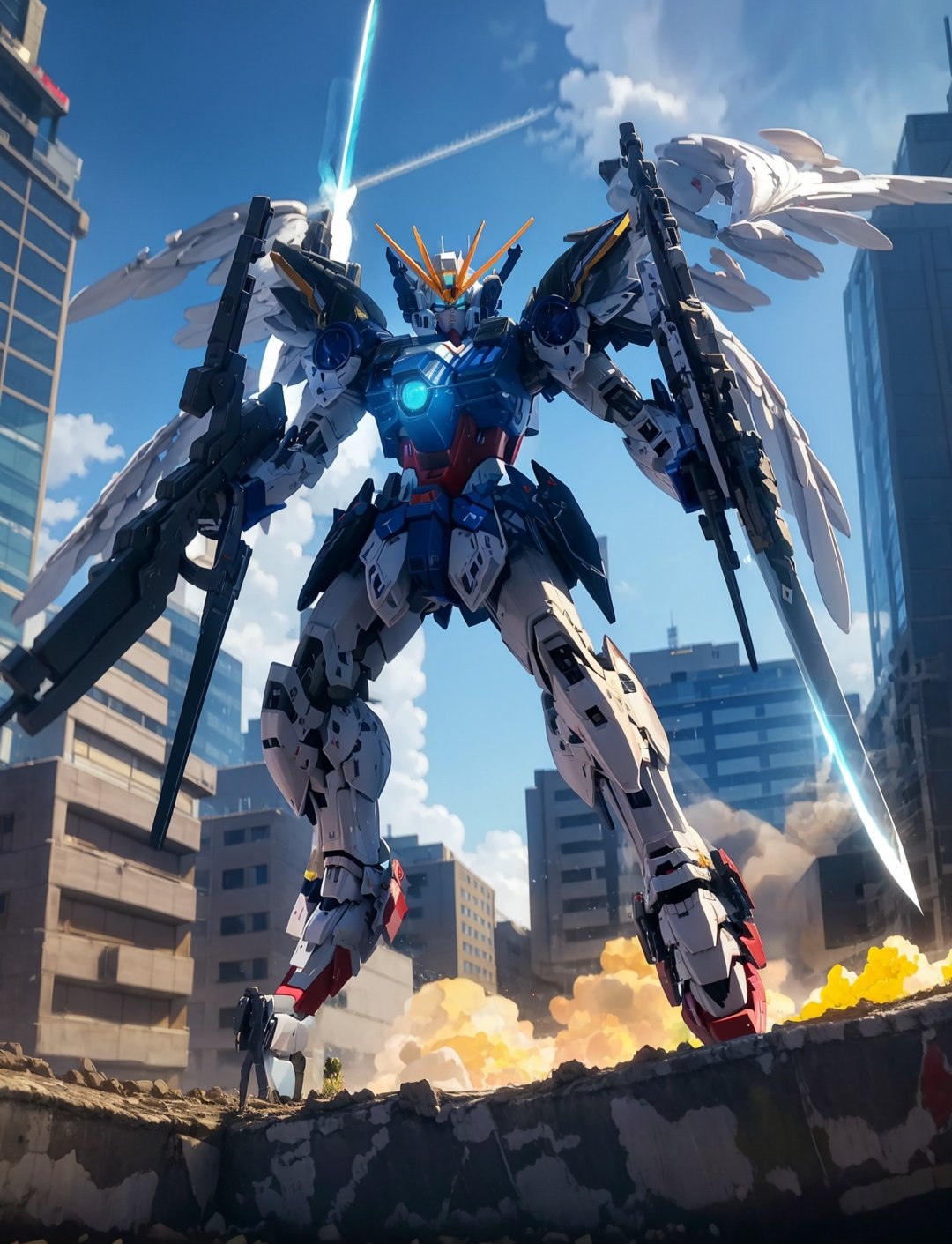 ((best quality)), ((masterpiece)),mecha,glowing eyes,wings,flying,glowing sword,landing, over the city,building <lora:飞翼零式:0.75>