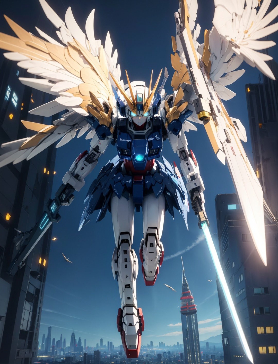 ((best quality)), ((masterpiece)),mecha,1girl,glowing eyes,wings,flying,glowing sword,landing, over the city, <lora:飞翼零式:0.55>