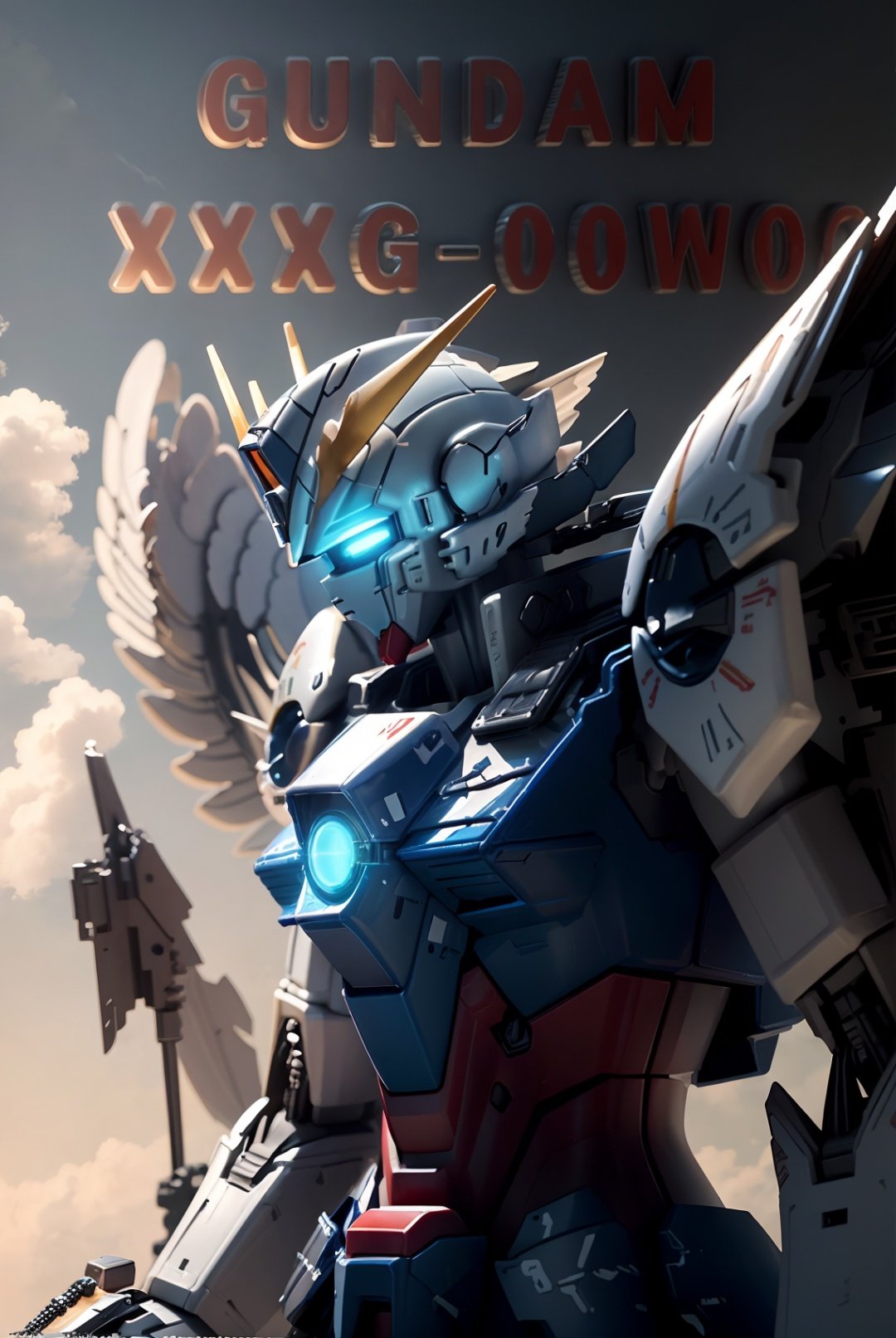 ((best quality)), ((masterpiece)),(detailed),highres,close up,mecha,side view,wings,(glowing eyes),sky,bright colour,glowing billboard,<lora:飞翼零式:0.7>