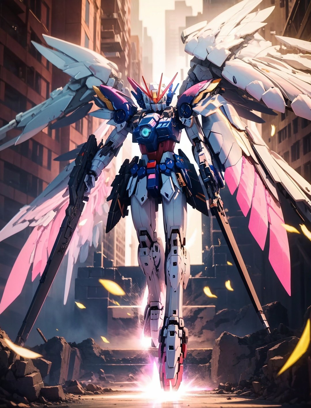 ((best quality)), ((masterpiece)),pink mecha,glowing pink eyes,wings,flying,pink flowers,glowing sword,standing, over the city, <lora:飞翼零式:0.65>