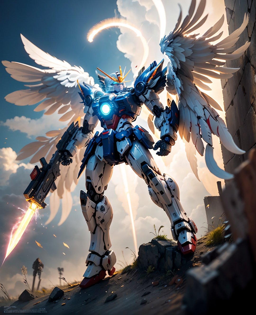 ((best quality)), ((masterpiece)), (detailed),highres,mecha,wings,glowing sword,glowing eyes,halo, particle effect,flying,  outdoors, <lora:飞翼零式:0.6>