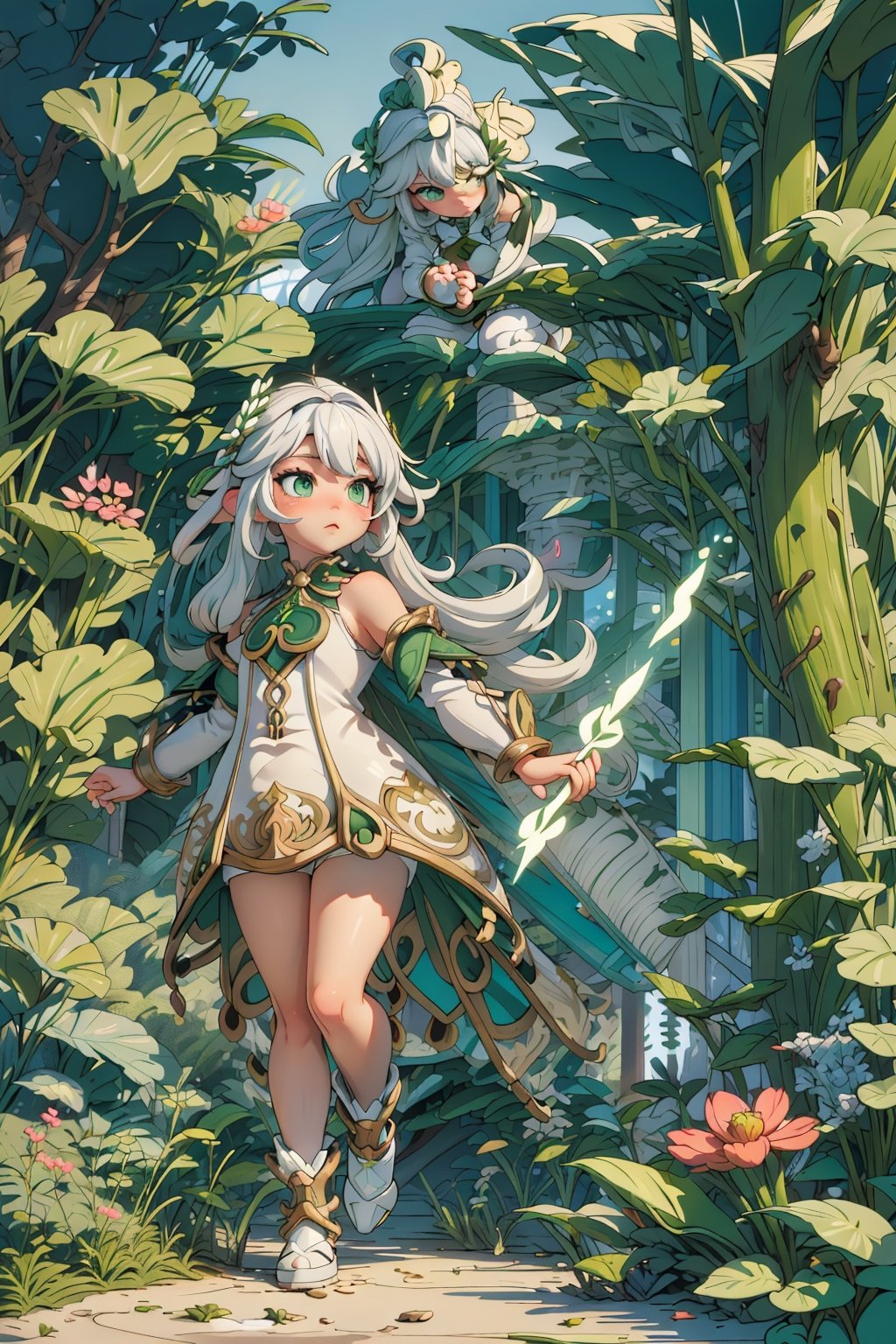 detailed illustration, kusanali,kid, white hair,white dress, green eyes,hair ornament, blush, full body, scenery, jungle ,32,高清,White Pantyhose,machinery,, Mecha,, , , , , ,cartoon ,real