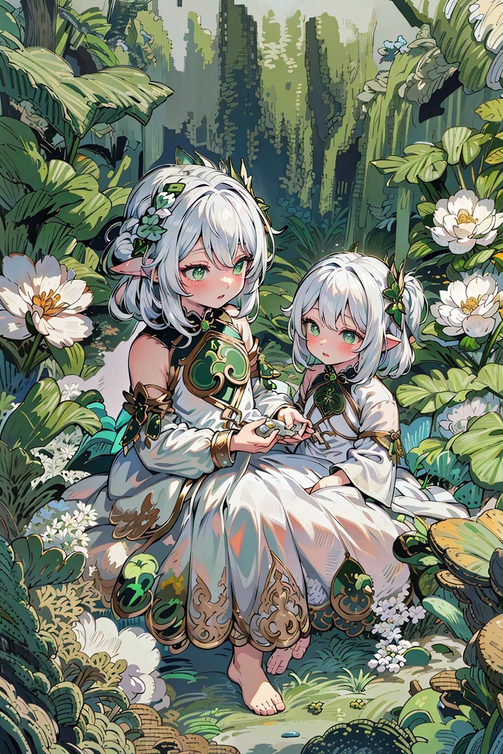 detailed illustration, kusanali,kid, white hair,white dress, green eyes,hair ornament, blush, full body, scenery, jungle ,32,高清, <lora:EMS-2240-EMS:0.6>, <lora:EMS-1996-EMS:0.7>