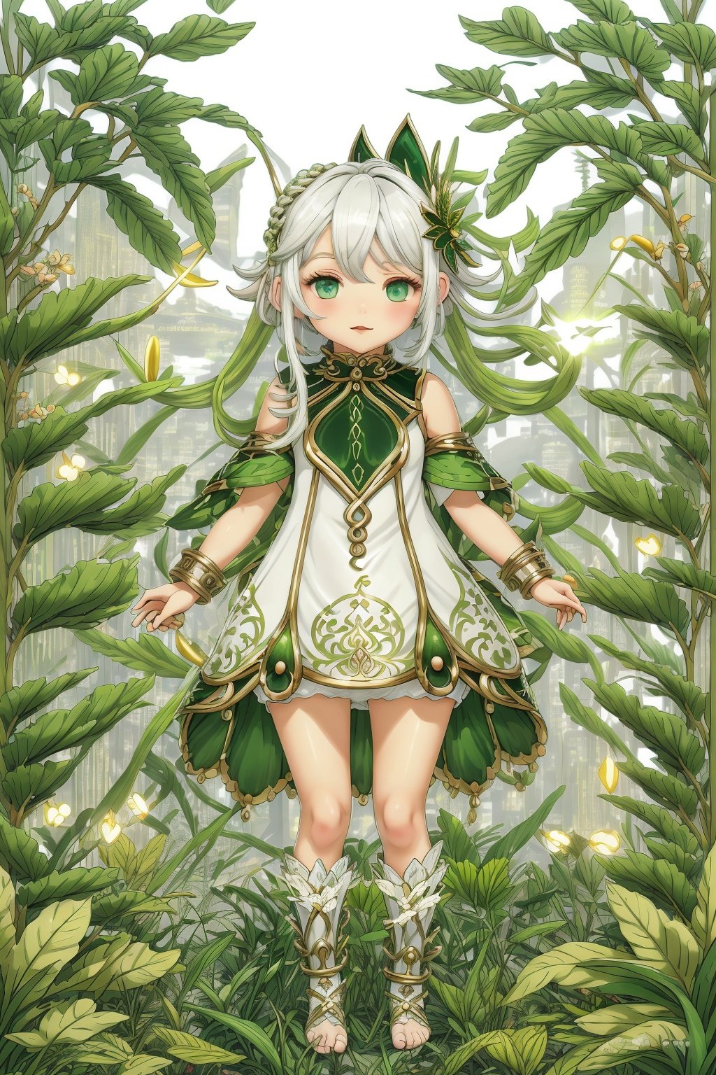 detailed illustration, kusanali,kid, white hair,white dress, green eyes,hair ornament, blush, full body, scenery, jungle ,32,高清,White Pantyhose,machinery,, Mecha,, , , , , ,cartoon ,real