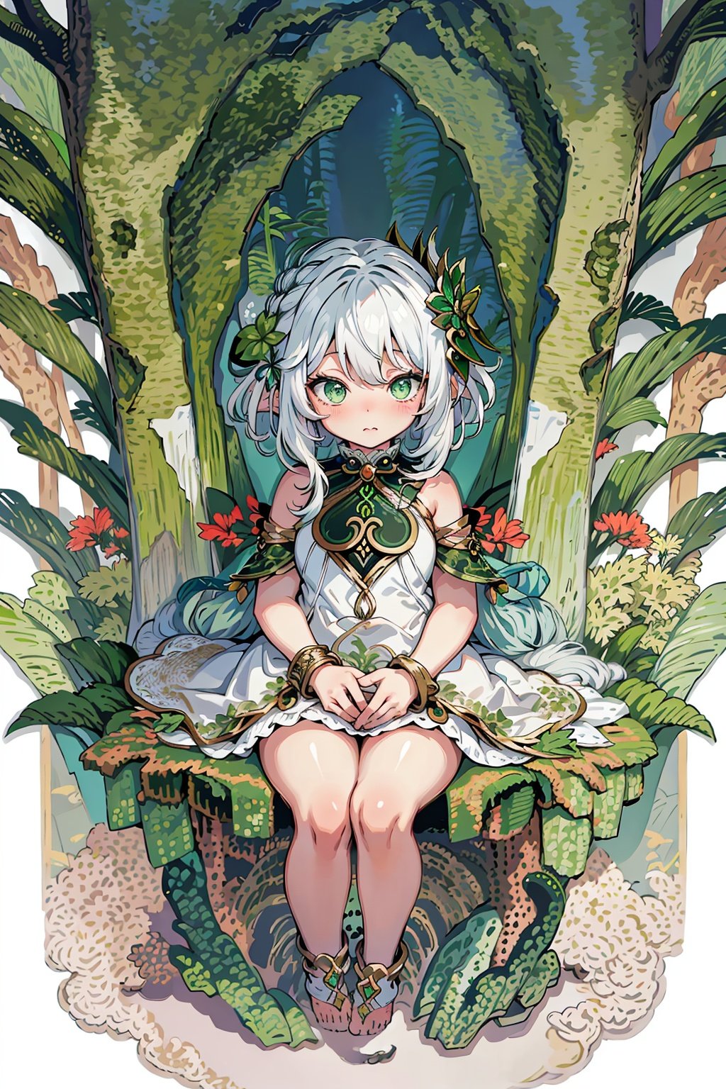 detailed illustration, kusanali,kid, white hair,white dress, green eyes,hair ornament, blush, full body, scenery, jungle ,32,高清, <lora:EMS-2240-EMS:0.5>, <lora:EMS-1996-EMS:0.8>