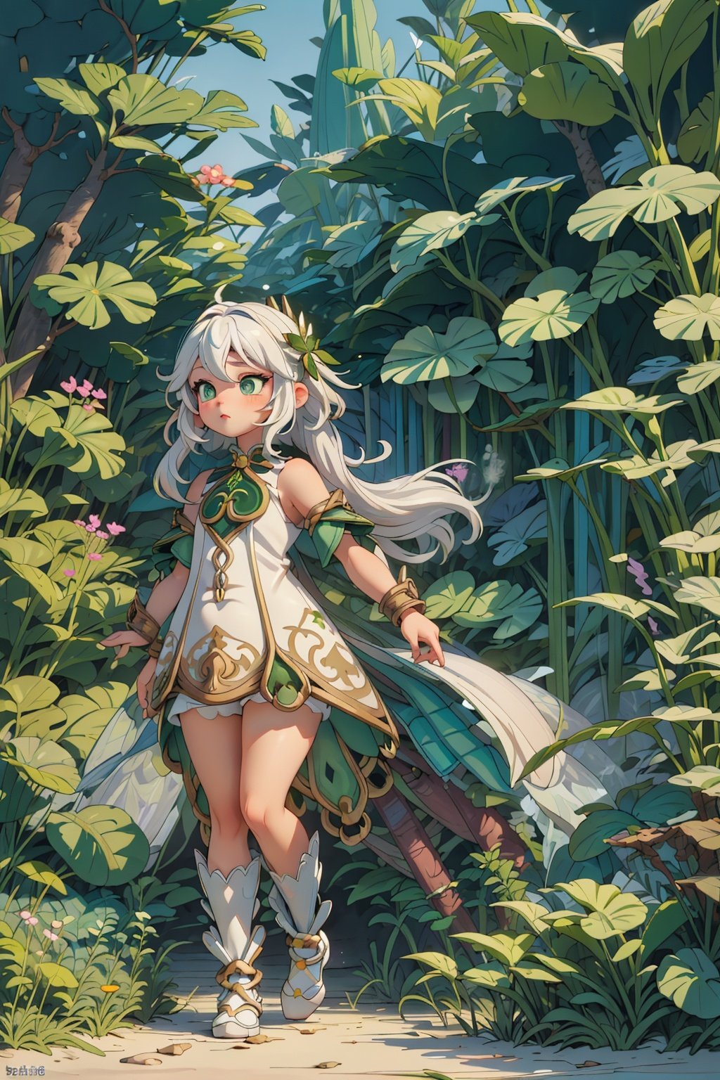 detailed illustration, kusanali,kid, white hair,white dress, green eyes,hair ornament, blush, full body, scenery, jungle ,32,高清,White Pantyhose,machinery,, Mecha,, , , , , ,cartoon ,real