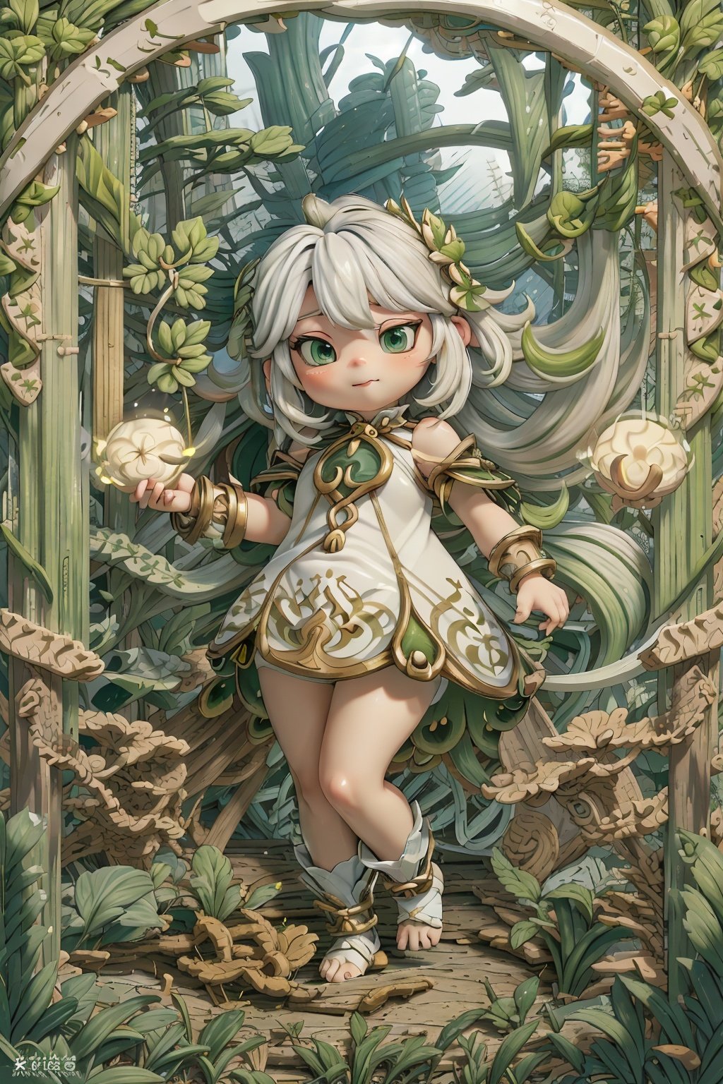 detailed illustration, kusanali,kid, white hair,white dress, green eyes,hair ornament, blush, full body, scenery, jungle ,32,高清,White Pantyhose,machinery,, Mecha,, , , , , ,cartoon ,real