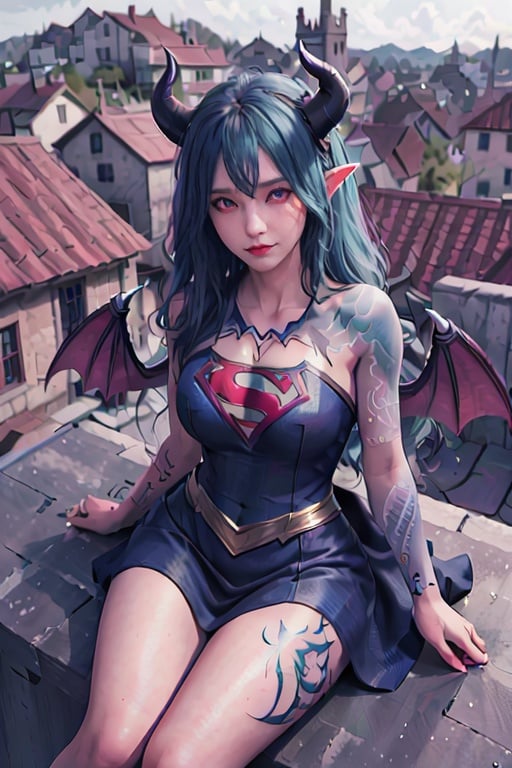 best_quality, highres, extremely_detailed,1girl, beautiful_face, navel, light_aqua_hair, very_long_hair, full_body, obscenity_tattoo, windmage, aqua_tattoo, waist_tattoo, neck_tattoo, village_succubus, large wings, horns, sitting, (on a high rooftop), outdoors, medieval village background, (revealing dress), night,supergirl