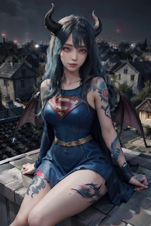 best_quality, highres, extremely_detailed,1girl, beautiful_face, navel, light_aqua_hair, very_long_hair, full_body, obscenity_tattoo, windmage, aqua_tattoo, waist_tattoo, neck_tattoo, village_succubus, large wings, horns, sitting, (on a high rooftop), outdoors, medieval village background, (revealing dress), night,supergirl