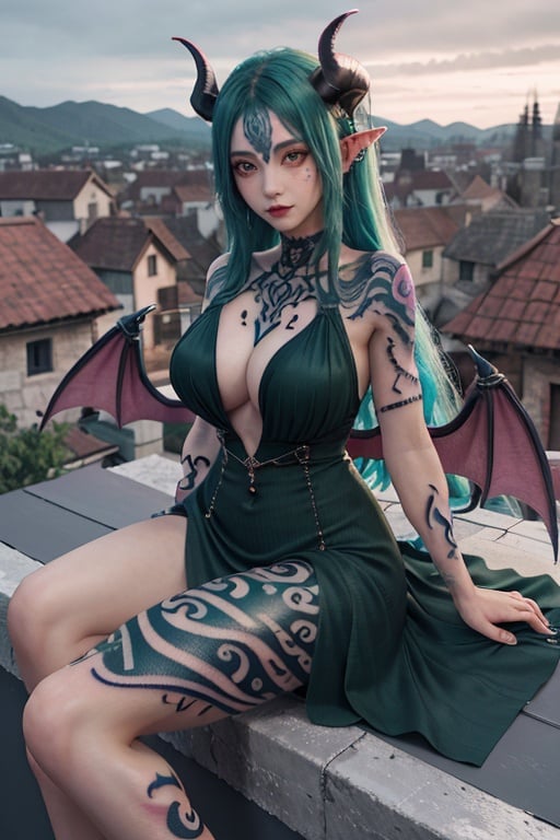 best_quality, highres, extremely_detailed,1girl, beautiful_face, navel, light_aqua_hair, very_long_hair, full_body, obscenity_tattoo, windmage, aqua_tattoo, green_tattoo, waist_tattoo, neck_tattoo, village_succubus, large wings, horns, sitting, (on a high rooftop), outdoors, medieval village background, (revealing dress), night