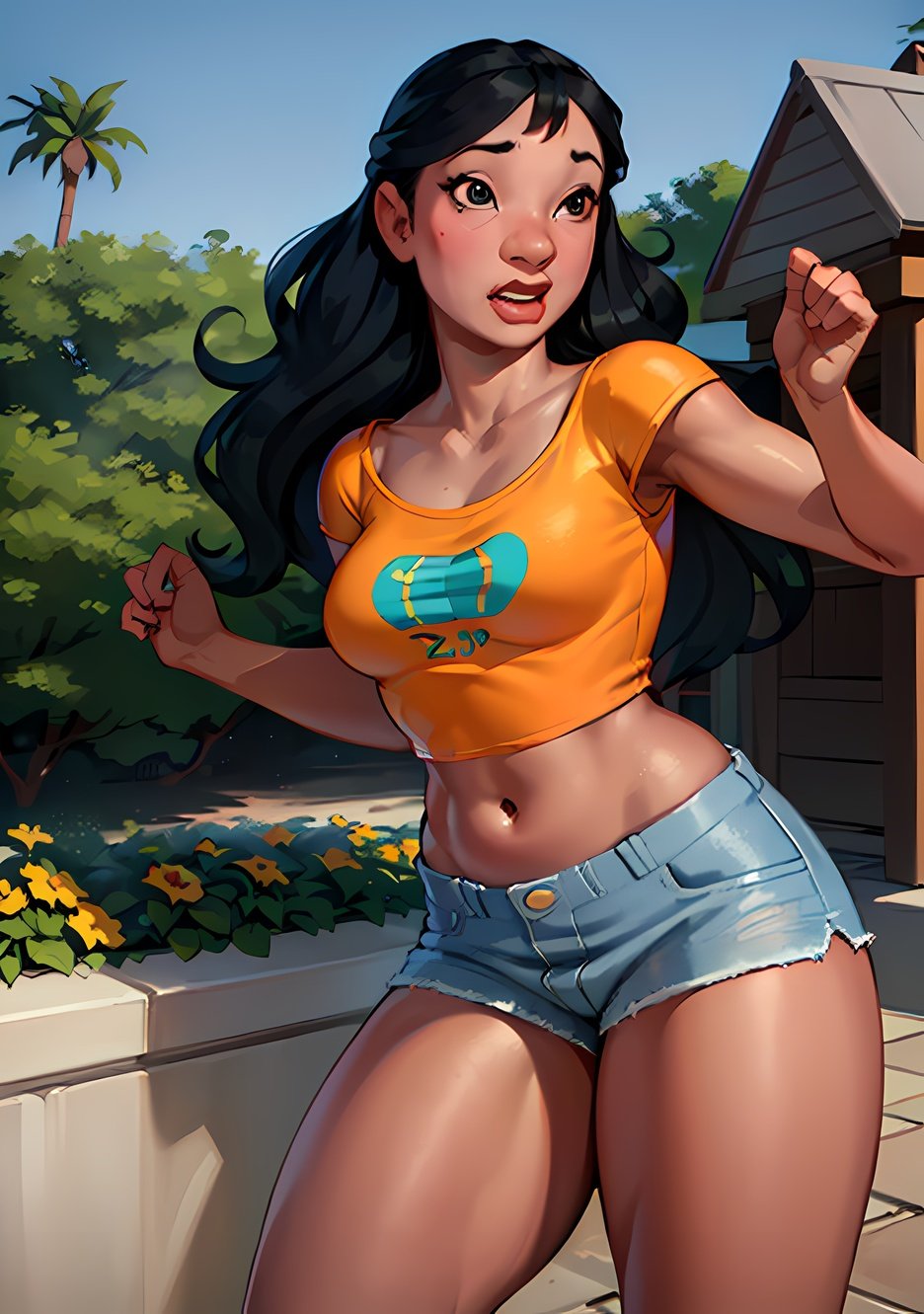 (NaniWaifu:1), surprised, cute, cute pose, looking at viewer, thick thighs, (crop top, shorts, convers:1.2), breast squeeze, (realistic:1.2), (realism), (masterpiece:1.2), (best quality), (ultra detailed), (8k, 4k, intricate),(full-body-shot:1),(Cowboy-shot:1.2), (85mm),light particles, lighting, (highly detailed:1.2),(detailed face:1.2), (gradients), sfw, colorful,(detailed eyes:1.2),(detailed ladscape, house, garden, palm tree, woden house:1.2),(detailed background),detailed landscape, (dynamic angle:1.2), (dynamic pose:1.2), (rule of third_composition:1.3), (Line of action:1.2), wide shot, daylight, solo,<lora:Nani_character-20:0.7>