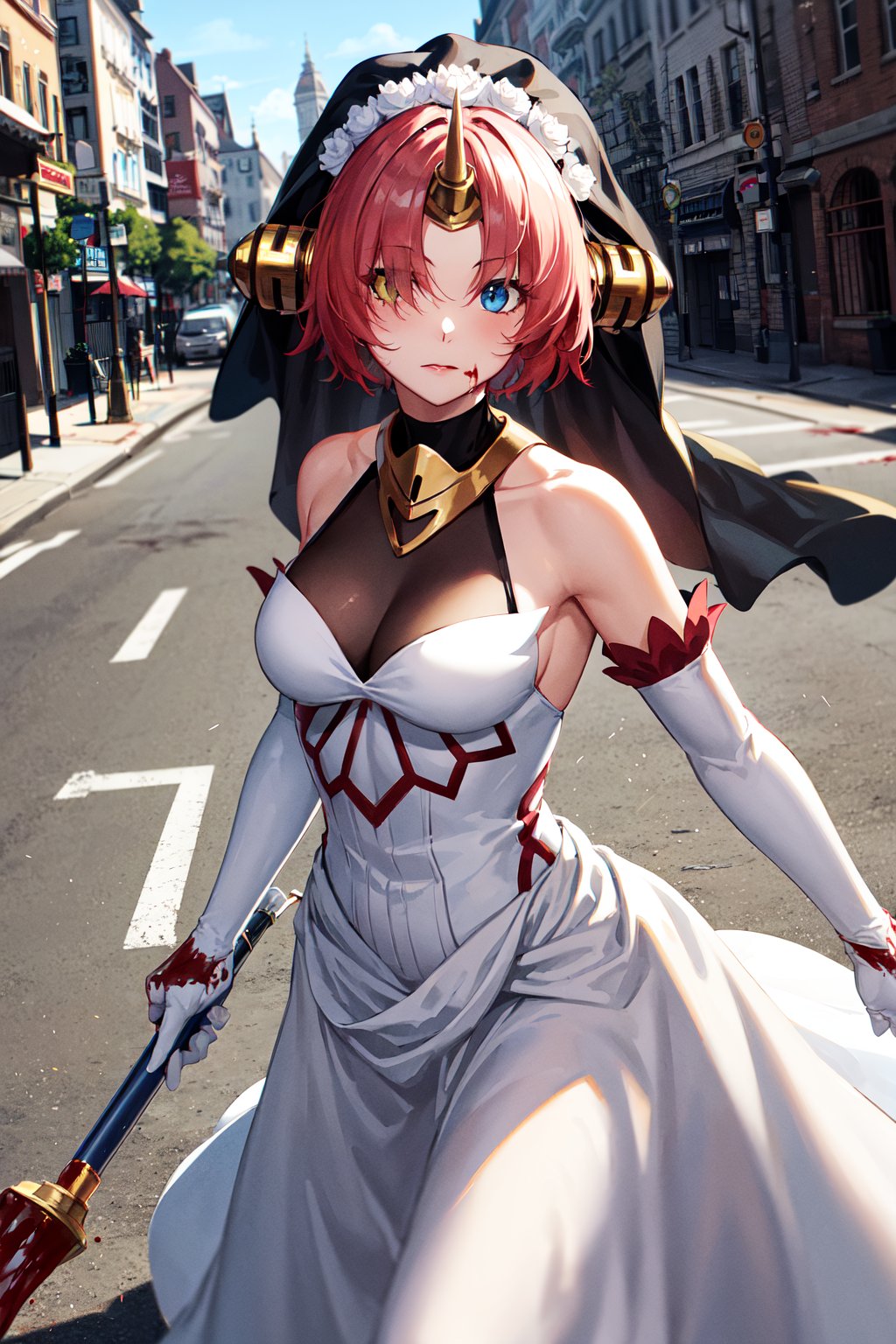 masterpiece, best quality, highres, 1girl, hair over eyes, heterochromia, blue eyes, yellow eyes, solo, frankenstein's monster \(fate\), mechanical horns, veil, elbow gloves, white dress, long dress, white gloves, short hair, pink hair, bare shoulders, medium breasts, headgear, cowboy shot, <lora:frankenstein_v1:0.6>, walking, street, outdoors, (blood:1.3), holding weapon, 